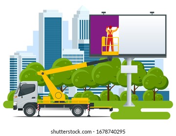 Isometric Yellow Engine Powered Scissor Lift. Worker With The Help Of An Automobile Tower Change A Poster On A Billboard.