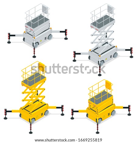Isometric Yellow Engine Powered Scissor Lift isolated on white background. Vector illustration in a flat style. Modern Truck-mounted.