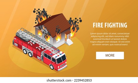 Isometric yellow firefighter horizontal banner with fire fighting headline and more button vector illustration