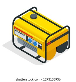 Isometric Yellow Gasoline Generator. Industrial And Home Immovable Power Generator. Diesel Electric Generator On Outdoor Vector Illustration