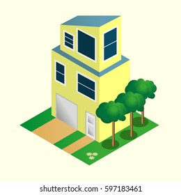 Isometric yellow house isolated vector illustration.