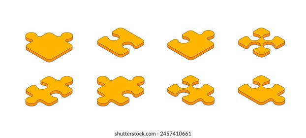 Isometric Yellow Jicsaw Icons, Fun Board game Flat Graphic Design Elements,Orange Puzzle with PNG (Editable)