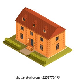 isometric yellow mansion on the lawn with bushes, vector illustration