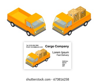 Isometric yellow mini truck with boxes, isolated on white, vector illustration. Delivery business card concept.