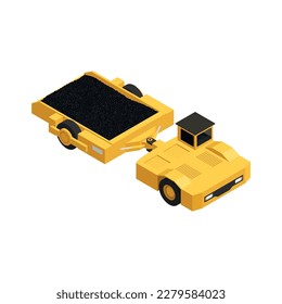Vehículo minero amarillo isométrico que transporta carbón 3d ilustración vectorial