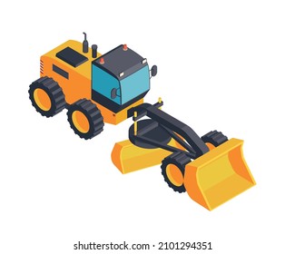 Isometric yellow motor grader on white background 3d vector illustration