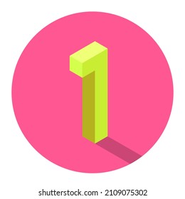 Isometric yellow number 1 with shadow over pink color circle. Vector illustration