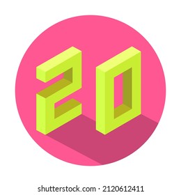 El amarillo isométrico número 20 con sombra sobre círculo color rosado. Ilustración del vector
