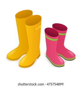 Isometric yellow and pink rubber boots isolated on white background. 
