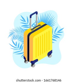 Maleta de plástico amarillo isométrico con ruedas sobre fondo fluido con hojas tropicales. Viaje en 3D a los trópicos, concepto de vacaciones de verano. Ilustración vectorial para aplicación, diseño, anuncio, web