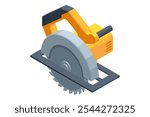 Isometric Yellow Power Tools Circular Saw isolated on a white background. Electric hand tool for cutting wood or metal. Building equipment