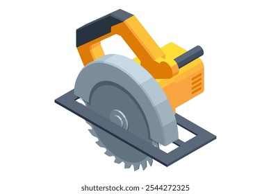 Sierra circular de herramientas eléctricas amarillas isométricas aisladas sobre un fondo blanco. Herramienta de mano eléctrica para cortar madera o metal. Equipo de construcción