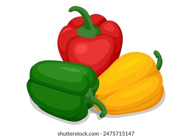 Isometric Yellow, red, and green bell peppers are fresh vegetables commonly used in salads. They add crunch, and a mild, sweet flavour to dishes. Red pepper is a vibrant vegetable used in cooking.