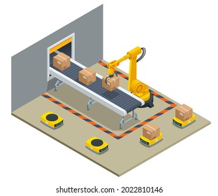 Isometric yellow robotic arm carry cardboard box in warehouse. Automated warehouse. Autonomous robot transportation in warehouses