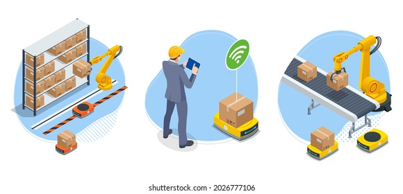 Isometric yellow robotic arm carry cardboard box in warehouse. Automated warehouse. Autonomous robot transportation in warehouses