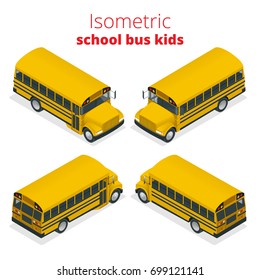 Isometric Yellow School Bus Kids vector illustration isolated on white background. Transportation for pupil or student, transport and automobile. 