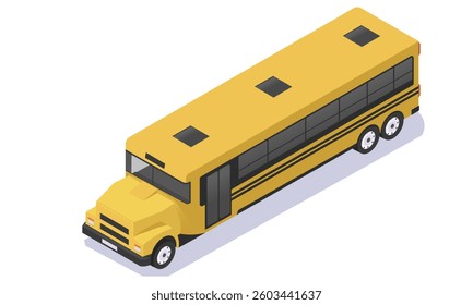 Isometric yellow school bus on white background. Vector illustration