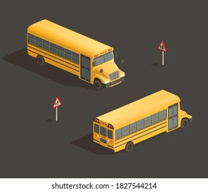 Autobús escolar amarillo isométrico. Ilustración aislada del vector. Transporte para alumnos o estudiantes. Avance de escuela de señalización de carreteras