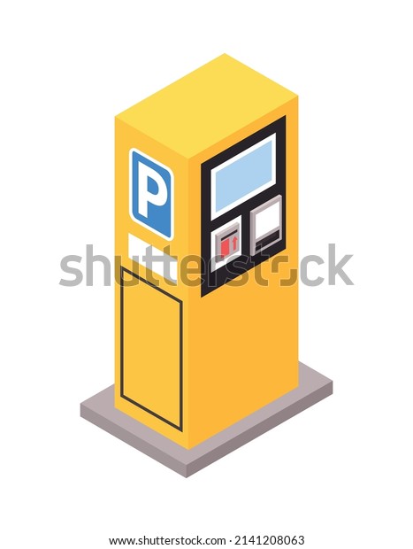 Isometric yellow self service parking meter\
3d vector\
illustration