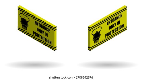 isometric yellow sign of biological, chemical hazard with a gas mask and black stripes. Harmful production. Vector illustration
