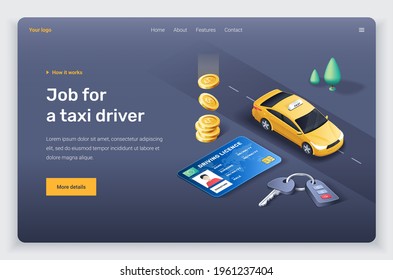 Isometric yellow taxi car, driving licence and key. Landing page template. 