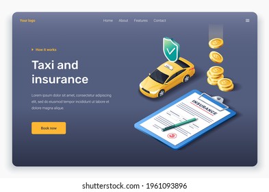 Isometric yellow taxi car, insurance and golden coins. Landing page template. 