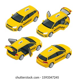 Isometric yellow taxi car with open and closed doors back and front view isolated on white. Icon taxi car set