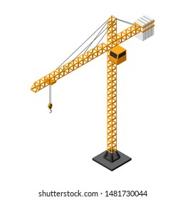 Isometric yellow tower crane vector icon isolated on white background.