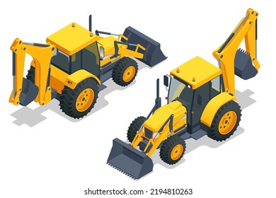 Isometric Yellow Tractor with backhoe and loader toy isolated on white . Heavy yellow mining excavator, construction machinery. Yellow Wheel front loader, Industrial Vehicle. Pneumatic Truck