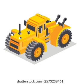 Isometric yellow tractor isolated on white background. Vector illustration. Single object. Large modern agricultural tractor.