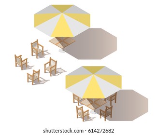 Isometric Yellow Umbrella With Empty Table And Chairs. 