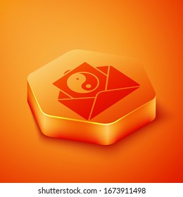 Isometric Yin Yang and envelope icon isolated on orange background. Symbol of harmony and balance. Orange hexagon button. Vector Illustration