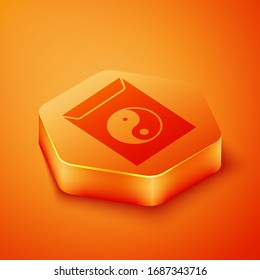 Isometric Yin Yang and envelope icon isolated on orange background. Symbol of harmony and balance. Orange hexagon button. Vector Illustration