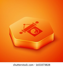 Isometric Yin Yang symbol of harmony and balance icon isolated on orange background. Orange hexagon button. Vector Illustration