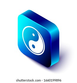 Isometric Yin Yang symbol of harmony and balance icon isolated on white background. Blue square button. Vector Illustration