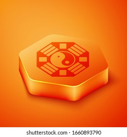 Isometric Yin Yang symbol of harmony and balance icon isolated on orange background. Orange hexagon button. Vector Illustration