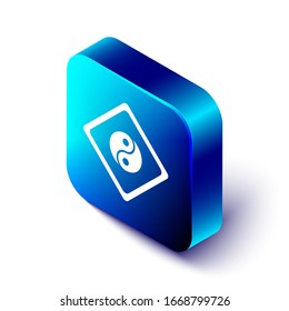 Isometric Yin Yang symbol of harmony and balance icon isolated on white background. Blue square button. Vector Illustration