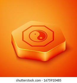 Isometric Yin Yang symbol of harmony and balance icon isolated on orange background. Orange hexagon button. Vector Illustration