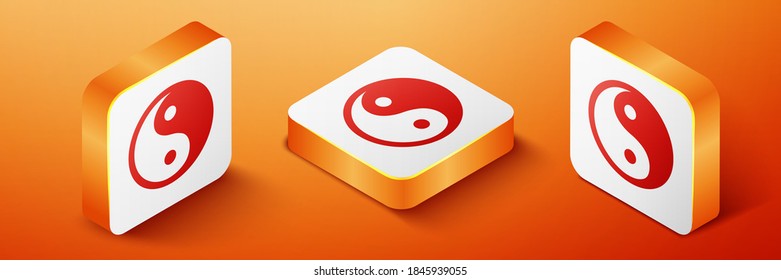 Isometric Yin Yang symbol of harmony and balance icon isolated on orange background. Orange square button. Vector.