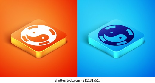 Isometric Yin Yang symbol of harmony and balance icon isolated on orange and blue background.  Vector