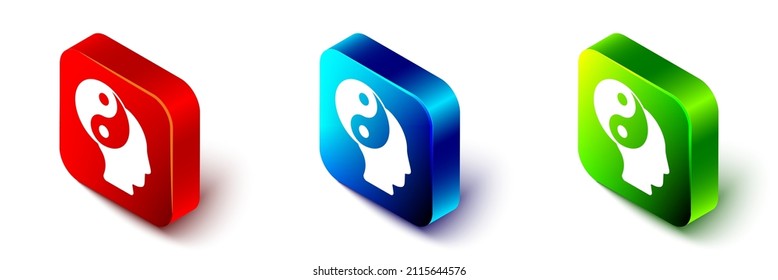 Isometric Yin Yang symbol of harmony and balance icon isolated on white background. Red, blue and green square button. Vector