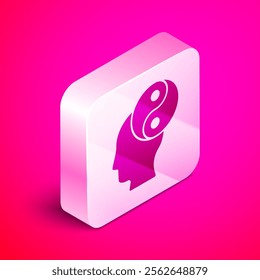 Isometric Yin Yang symbol of harmony and balance icon isolated on pink background. Silver square button. Vector