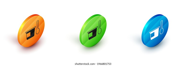 Contenedor de yogur isométrico con icono de cuchara aislado en fondo blanco. Yogur en taza de plástico. Botón Círculo. Vector