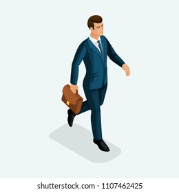 Isometric of a young businessman goes forward, the business talks on phone and tablet. The emotional gestures of the people