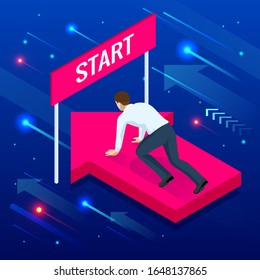 Isometric young businessman in the starting position. Starting career or starup concept.