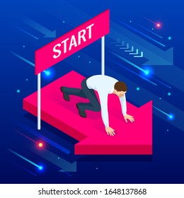 Isometric young businessman in the starting position. Starting career or starup concept.