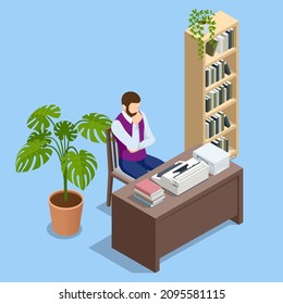 Isometric young busy worker typing on typewriter. World Writer Day. Writer editor journalist or copywriter workspace.