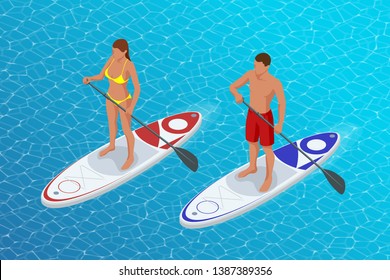 Isometric young couple practicing stand up paddleboard or SUP. The adventure of the sea with blue water on surfing. SUP Board.