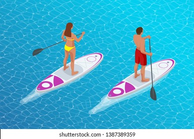 Isometric young couple practicing stand up paddleboard or SUP. The adventure of the sea with blue water on surfing. SUP Board.