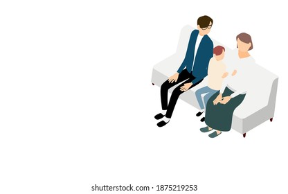 Isometric, a young couple with a small child relaxing on the sofa